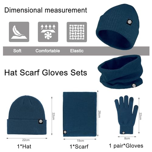 Baynetin Mütze Schal & Handschuh-Sets 3in1 Unisex BeanieMütze Touchscreen Handschuhe und Loop Schal Set mit Weiches Fleecefutter für Outdoor Sport Joggen Skifahren (Blau)