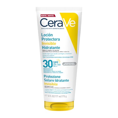 CeraVe Loción Protectora Invisible Hidratante SPF 30 apta para rostro, cuerpo y todo tipo de pieles, con 3 ceramidas esenciales, 75 ml