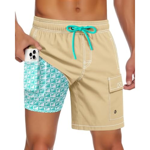 Yufawow Men Swim Trunks with Compression Liner Quick Dry Breathable Multi Pockets for Summer Beach Cruise Water Park