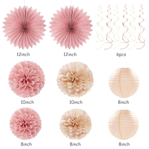 Image of Blush-Pink Rose-Gold Fall Baby-Shower Party-Decorations - 31pcs Welcome Home Banner Sign,Neutral Paper Lanterns,Girl Streamers Garland,Boho Hanging Tissue Pom Poms Flowers Fans Backdrop Decor Burgleda