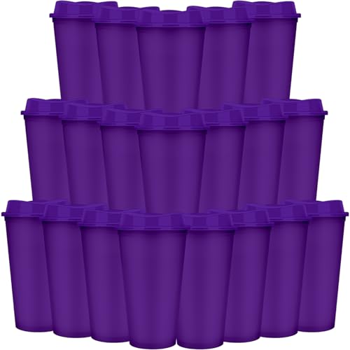 20 tazas de café reutilizables con tapas, vasos de plástico de 470 ml, taza de café helado, taza de viaje para adultos y mujeres, niños, bebidas frías y calientes, aptas para microondas (morado)