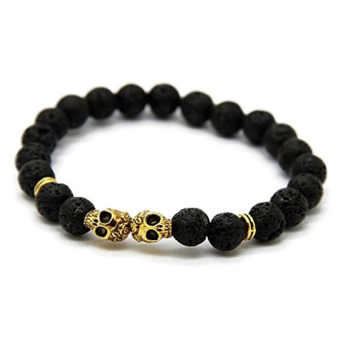 Pulsera. Calavera. Piedras duras naturales, piedra volcánica, lava. Pulsera elástica, perlas auténticas. Negra. Natural. Hombre. Mujer. Energía.? Joyería Gold Gala dorado