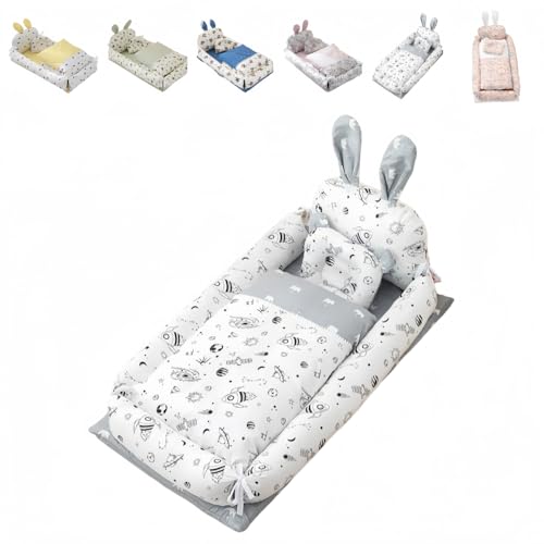 ShineLuxeベビーベッド 新生児 添い寝 枕付き ベッドインベッド 簡易ベッド 持ち運び 携帯型ベビーベッド ウサギの耳の形 かわいい ベビー布団 通気性 取り外し 洗える可能 0-8ヶ月 出産祝い (85*50*12CM,グレイクラウンユニバース【