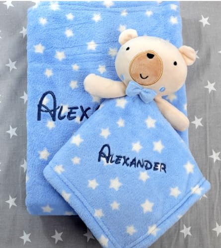 BotoBaby® GESCHENKSET Babydecke mit Namen und Datum Bestickt + Schmusetuch mit Namen ★ Geschenk ★Geburt ★ Taufe ★ (Blau - Teddybär)