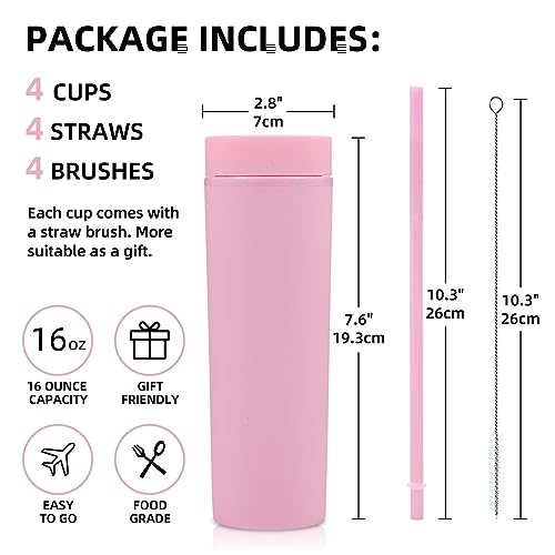 Volhoply 16oz Tumbler with Lid and Straw 8 Pack,Double Wall Plastic Skinny Tumblers Bulk,480ML Reusable Cute Coffee Mug,BPA Free Matte Acrylic Water Cups with Straw for Parties,DIY Gifts(Pink,8 Set - Image 2