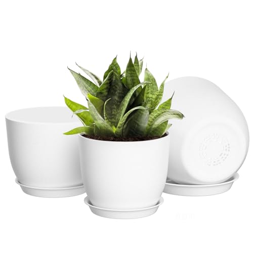 FIASON 25/23/20 cm Weiße Blumentopf, Kunststoff-kräutertopf mit Drainagelöchern und Untertassen, EIN Set aus 3 Blumentöpfen für den Innen- und Außenbereich