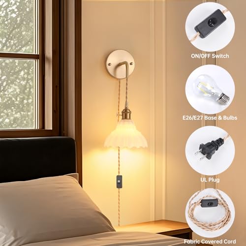 Image of Shenmoyl Vintage Plug in wall sconces Set of 2, 4.9FT Corded Wall Lamps with White Lily of The Glass Shade Hanging, sconces wall Decor for Bedroom Living Room Hallway Doorway