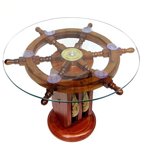 Ship Wheel Table 24" Glass Coffe Table Decorative Nautical Pirate Deco