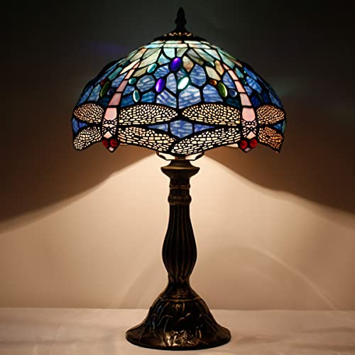 Image of WERFACTORY Tiffany Table Lamp Blue Stained Glass Dragonfly Style Desk Light