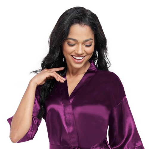 Image of Women's Short Satin Robes Lightweight Silky V-Neck Sleepwear Wedding Bridal Party Bride Bridesmaid Bathrobes