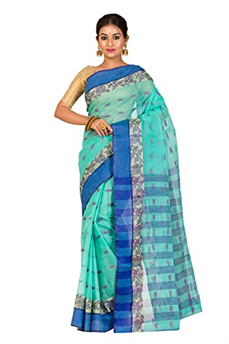 Sari bengali en coton vert léger et fluide de 5,5 m pour un drapé traditionnel facile