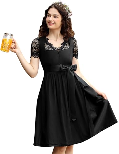 Dirndl Damen Trachtenkleid Inkl. Dirndlbluse und DirndlschüRze 3 Teilig füR Bayerisches Oktoberfest Halloween Karneval (Schwarz, 42)