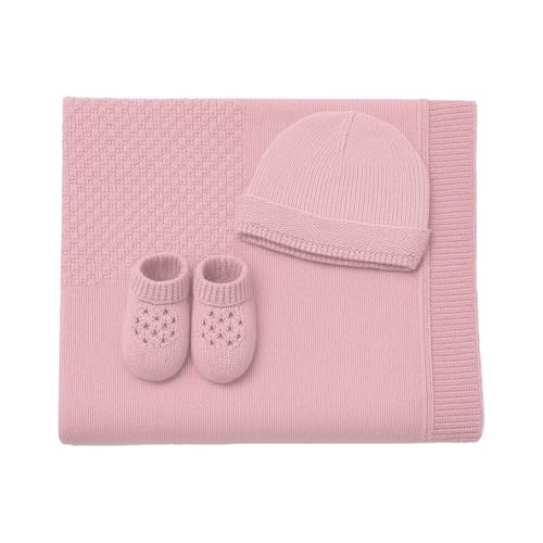 CLASSE77 Copertina in Lana Merino per Neonati con Babbucce e Cappello, Prodotto Artigianale, Made in Italy (Rosa)