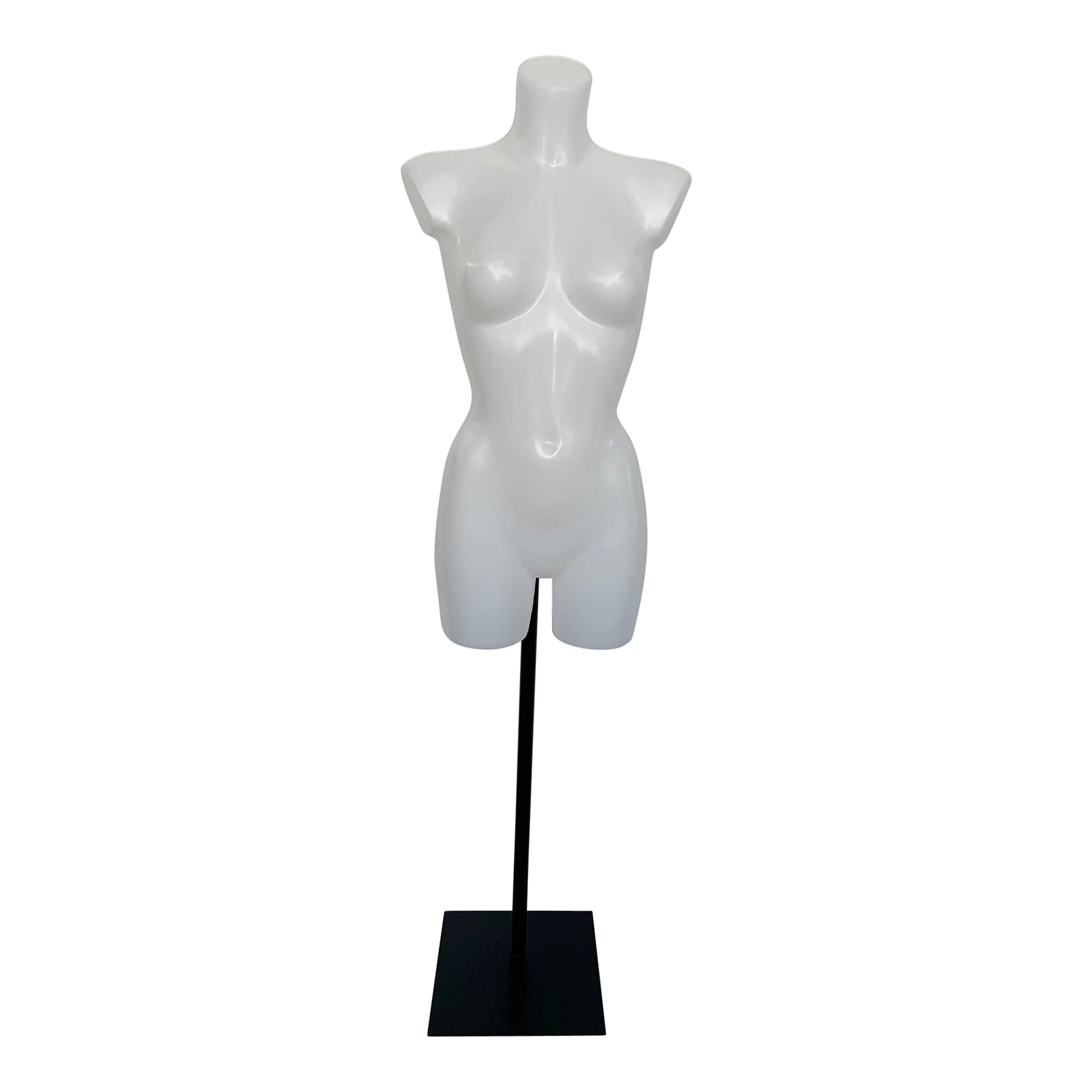 Basic Modepuppe 36, weißer Damentorso lang mit Beinansatz, Mannequin & Ausstellungsfigur aus PE Kunststoff, als Set inkl. Metall-Standfuß, verstellbar, Schwarz
