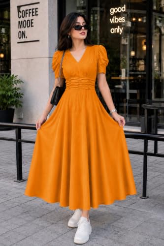 Image of Preneum Girl's & Women's Solid Color V-Neck A-Line Maxi Dress for Women | New Year Party Outfit | Waist Cinched Puff Sleeve Western | Elegant Casual Wear (Availble in Plus Size)