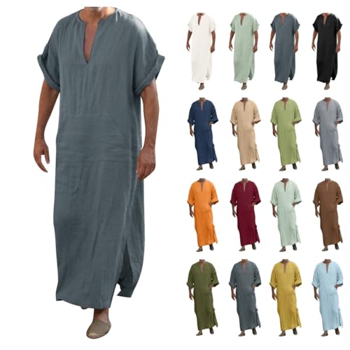 Kaftan Thobe Mens Short Sleeve V-Neck Linen Robe Big and Tall Muslim Robe Casual Loose Lightweight Long Sleeping Gown