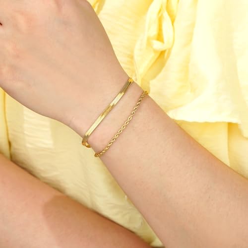 18K Gold Bracelets for Women Waterproof, 18K Real Gold Plated Multi-Link Stackable Bracelets set, Stainless Steel Layered Bracelets Pack Trendy Jewelry Gifts for Women4