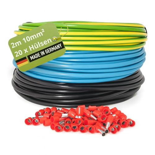 INVOLT H07V-K Verdrahtungsleitung Set 10 mm 3x2m Einzeladern Schwarz/Blau/Grün-Gelb VDE-zertifiziert