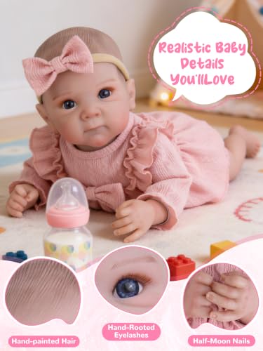 Image of EKOKIZ Realistic 20-Inch Reborn Baby Doll, Weighted Lifelike Newborn Girl with Soft Cloth Body and Feeding Set, Gift for Ages 3+