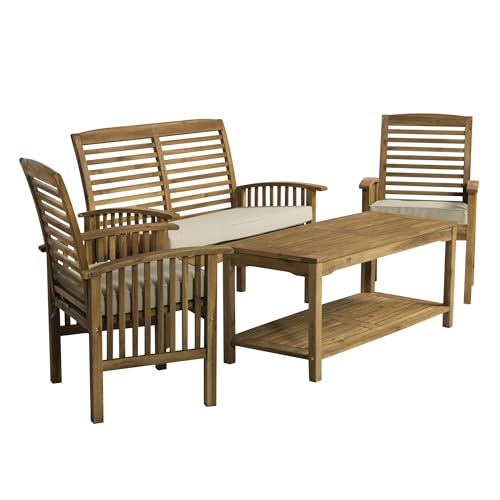 Walker Edison Rendezvous Modern 4 Piece Solid Acacia Wood Slatted Patio Chat Set with Cushions, Set of 4, Brown Walker Edison Rendezvous Modern 4 Piece Solid Acacia Wood Slatted Patio Chat Set with Cushions, Set of 4, Brown