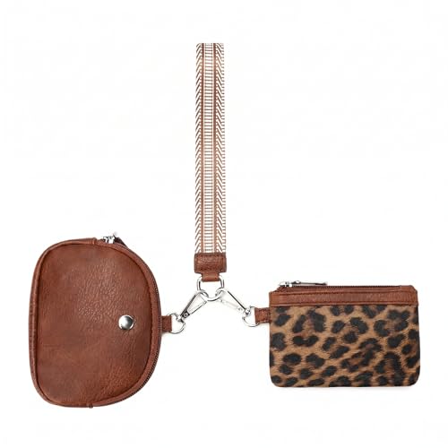 Image of HAWILAND PU Leather Keychain Wallet, Dual Pouch Wristlet for Women, Portable Small Zip Around Coin Purse Pouch, Leopard Print Brown