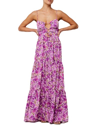 Image of Women's Y2K Cami Long Dress Sleeveless Spaghetti Strap Cross Tie-up Front Floral Print Beach Dress