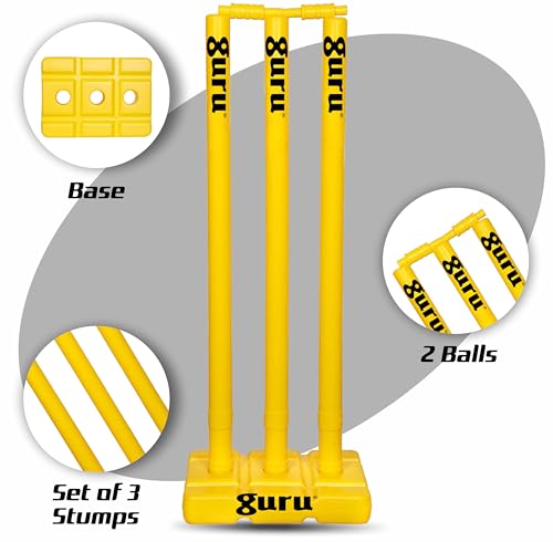 Image of Guru Cricket Wicket Set, Heavy Plastic Cricket Stumps Set - 3 Stumps + 2 Bails + 1 Base Stand