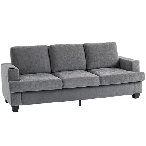 HOMCOM 3 Seater Sofa with USB Ports & Cup Holders, 213 cm Modern Chenille-Feel Fabric Sofa with Thick Padded and Steel Frame, Upholstered Settee for Living Room, Bedroom, Home Office, Grey
