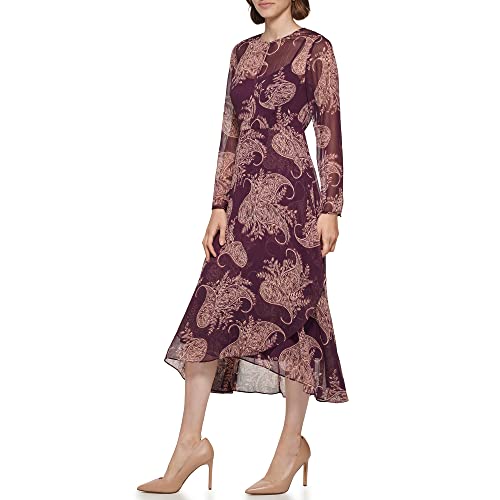 Image of Tommy Hilfiger Women's Long Sleeve Keyhole Neck Chiffon Hi-lo Midi Dress