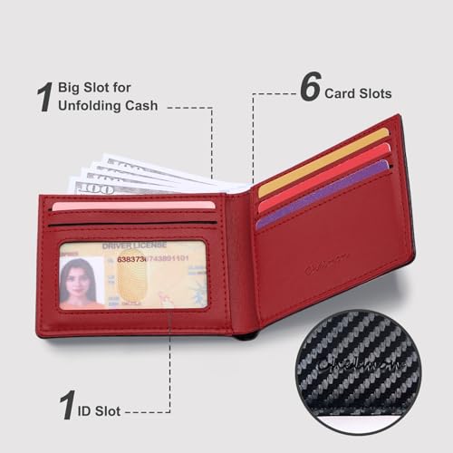 Image of Chelmon Slim Wallet for Men ID Window with RFID Blocking Front Pocket Minimalist Bifold Bussiness Card Holder Gift for Men, Carbon Black & Red