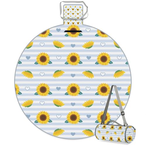 Striped Background Sunflower Picnic Outdoor Blanket Foldable Waterproof Sandproof Beach Blanket Portable Water-Resistant Round Picnic Mat for Travel Camping Park Lawn
