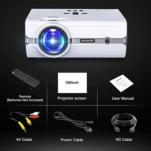Outdoor Projector With 100" Screen, Hompow Mini Portable Projector, Native 720P Movie Projector 7500Lux, Home Theater Projector Compatible With Hdmi Vga Usb Tf Av For Home #TOP5