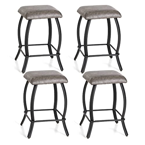 Alpha Home 26" Bar Stools Counter Height Bar Stools Set Of 4 With Footrest Pu Leather Backless Kitchen Dining Cafe Chair With Thick Cushion & Sturdy Chromed Metal Frame Base For Indoor,Grey,4Pcs #TOP25