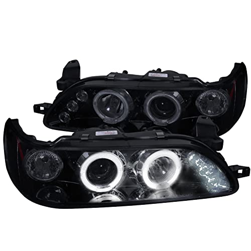 Spec-D Tuning Led Dual Halo Glossy Black Projector Headlights Compatible with Toyota Corolla 1993-1997 L+R Pair Head Light Lamp Assembly