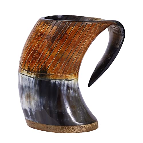 Viking Traders Original Viking Drinking Horn Mug With Burlap Sack - 20 Oz Wood Base Extra Large Medieval Inspired Handcrafted Cup Polished Natural & Real Horn Tankard For Mead Ale And Beer Party #TOP1