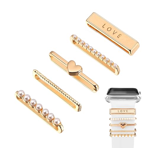 5 Stück Charm Armband für Apple Watch,Charms Gold Schmuck Damen Smartwatch Charme,Uhrenarmband Accessories,Armbänder Band Mit Love Zubehör Und Funkelnder Schmuck,für Applewatch Bereich 8 7 6 5 4 3 2 1