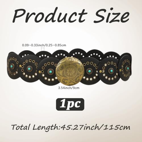 44.5 x 3.5 Inch Boho Black PU Leather Cowgirl Waistband Vintage Wide Leather Cowboy Disc Belt Adjustable Hollow Western Chunky Disk Waist Belt with Metal Buckle for Women Jeans Dress Skirt2