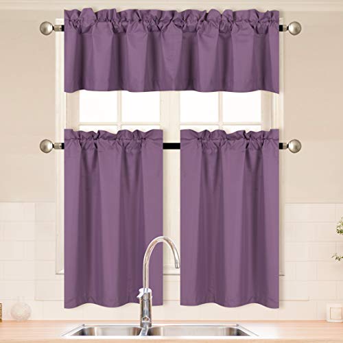 Home Collection 3 Pieces Solid Color Kitchen Curtain Set Tier and Valence with Rod Pocket Microfiber 100% Sunlight Blackout Drapes Window Treatment New (Purple)