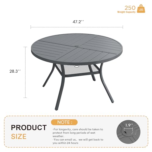 Image of VICLLAX Round Patio Table with Adjustable Umbrella Hole for 6, All Weather Metal Outdoor Dining Table for Lawn Garden, 47.2 inch Outdoor Coffee Table, Grey Tabletop