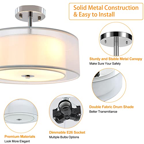 Dllt 3-Light Industrial Semi Drum Flush Mount Light, 15 Inch Double Drum Pendant Close To Ceiling Light Fixture For Bedroom, Dining Room, Kitchen, Hallway, Entry, Foyer, Living Room Lighting, E26 Base #TOP3