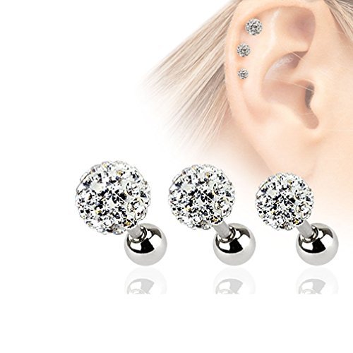 Pierce Plex Set of 3- Cartilage Barbells -Tragus Rook Daith with Ferido CZ GemS- 16 Gauge/1.2 MM