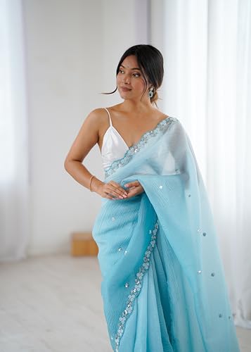 Image of Women's Chiffon Embellished Saree With Unstitched Blouse Piece (Light blue)