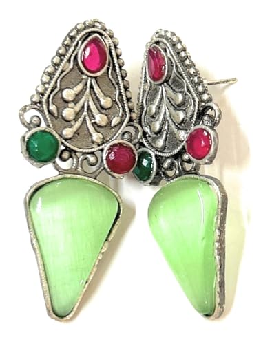 Image of Traditional Oxidised Silver Tone brass Earrings with Nandi Motif, Ruby Green Stones and Pearl Drops