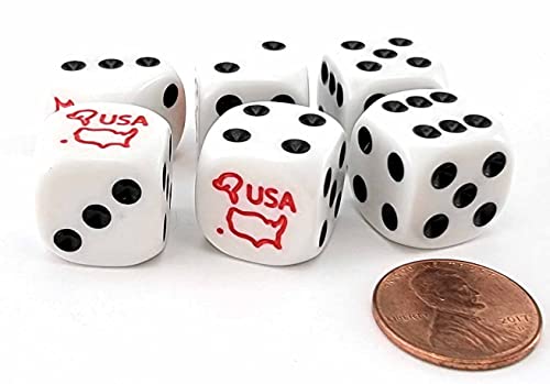 Set of 6 United States Patriotic USA 16mm Dice - White with Black Pips, Red USA