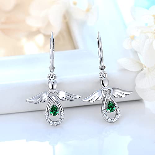 Fj Sterling Silver Angel Drop Earring Infinity Love Angel Heart Dangle Tear Drop May Emerald Aaa Birth Stone Earrings For Women #TOP1
