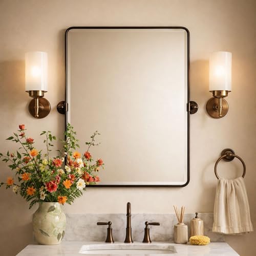 Image of Farmhouse Pivot Rectangle Bathroom Mirror Matt Black Metal Framed Tilting Beveled Vanity Mirrors for Wall, Overall 27.91x 30 inches (Mirrror 24 x 30 inches)