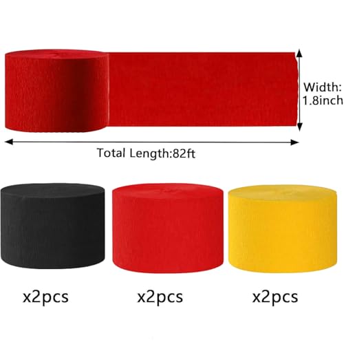 Image of We Moment Black Red and Yellow Crepe Paper Streamers Party Streamer 1.8 Inch Widening 6 Rolls,Black Red Yellow Party Streamer 82 feet per roll for Birthday Party Decorations