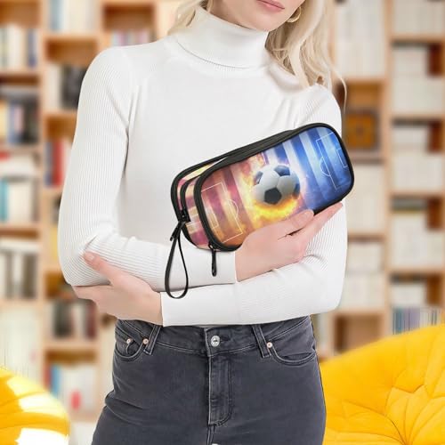 Image of Wfrish Large Pencil Case,Soccer Ball Big Capacity Pencil Pouch 3 Compartments,Football Zipper Pencil Box, Back to School Supplies for Teen Girls Boy Student College Adults,Travel Essentials Black