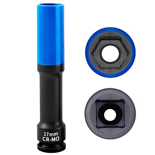Image of 17mm 1 /2 inch Extra-Long Wheel Protector Impact Socket, Lug Nut Removal | 6 Point, Non-Marring, Thin Wall, Deep Socket, Wheel Protector, Protective Socket, Color-Coded, Cr-Mo Steel, Hand Repair Tool