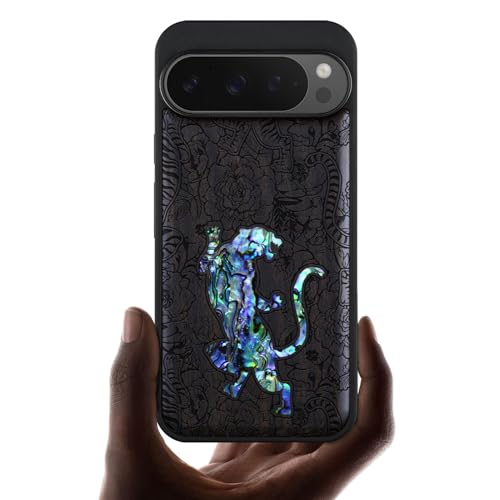 Carveit Madera Funda para Pixel 9 Pro Compatible con MagSafe [Grabado en Madera e incrustación de mejillones] Magnética Cover para Pixel 9 Pro Carcasa (Madera Oscura-Un Tigre en Medio de Flores)